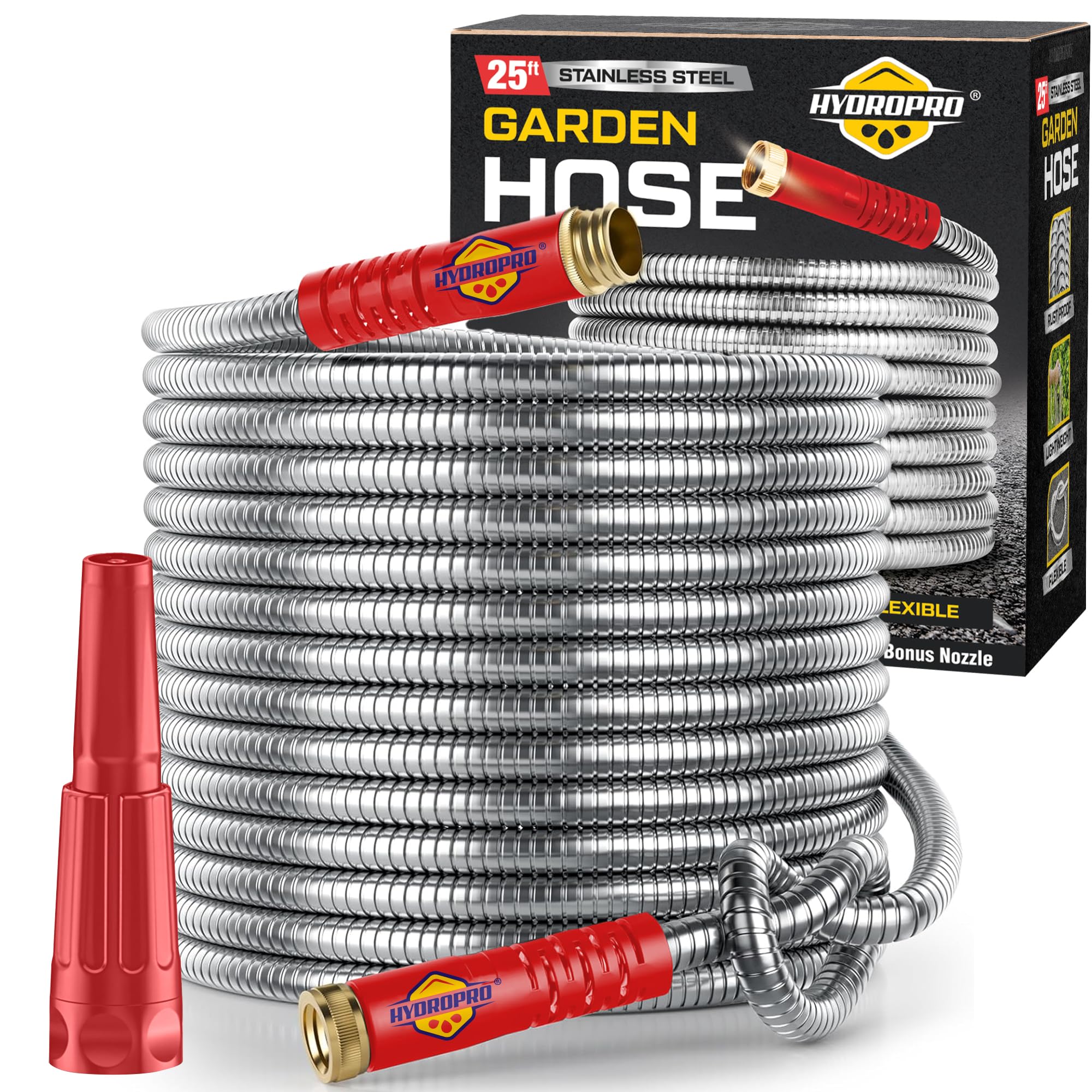 HydroPro stainless steel water hose, heavy-duty for tough outdoor tasks.