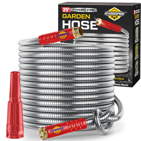 HydroPro stainless steel water hose, heavy-duty for tough outdoor tasks.