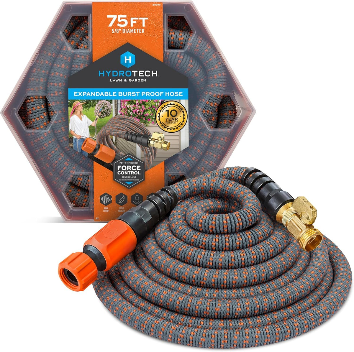 HydroTech 75 ft expandable hose coiled for storage and transport.
