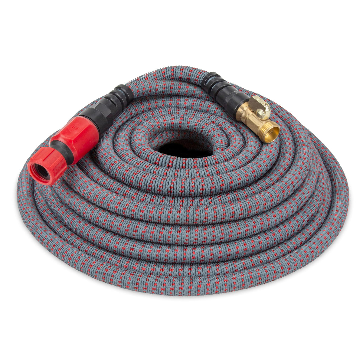 HydroTech expandable hose 200ft coiled for space-saving storage and portability.