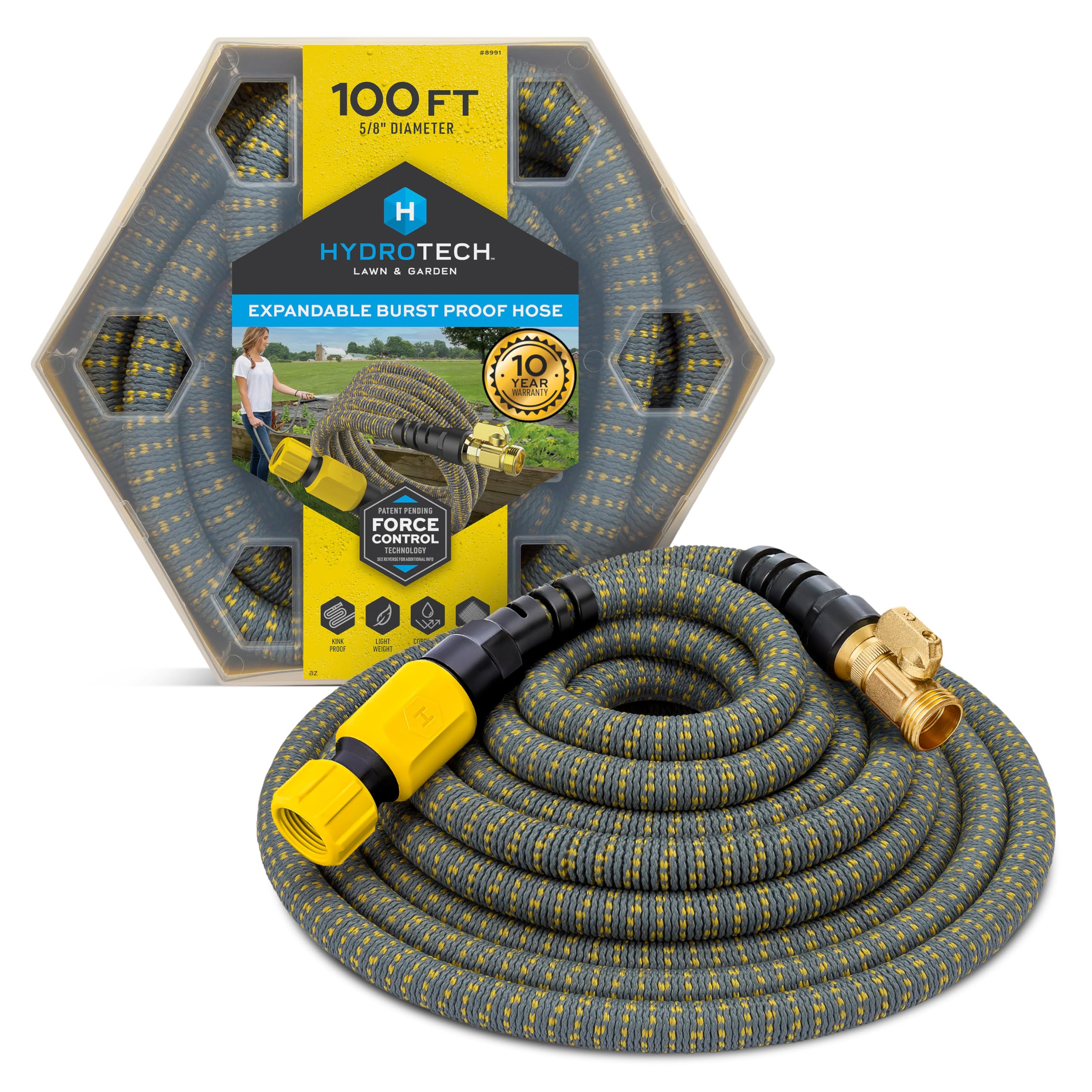 HydroTech expandable hose fully extended, demonstrating ample reach for garden watering.