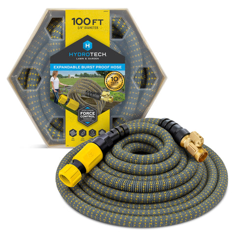 HydroTech expandable hose fully extended, demonstrating ample reach for garden watering.