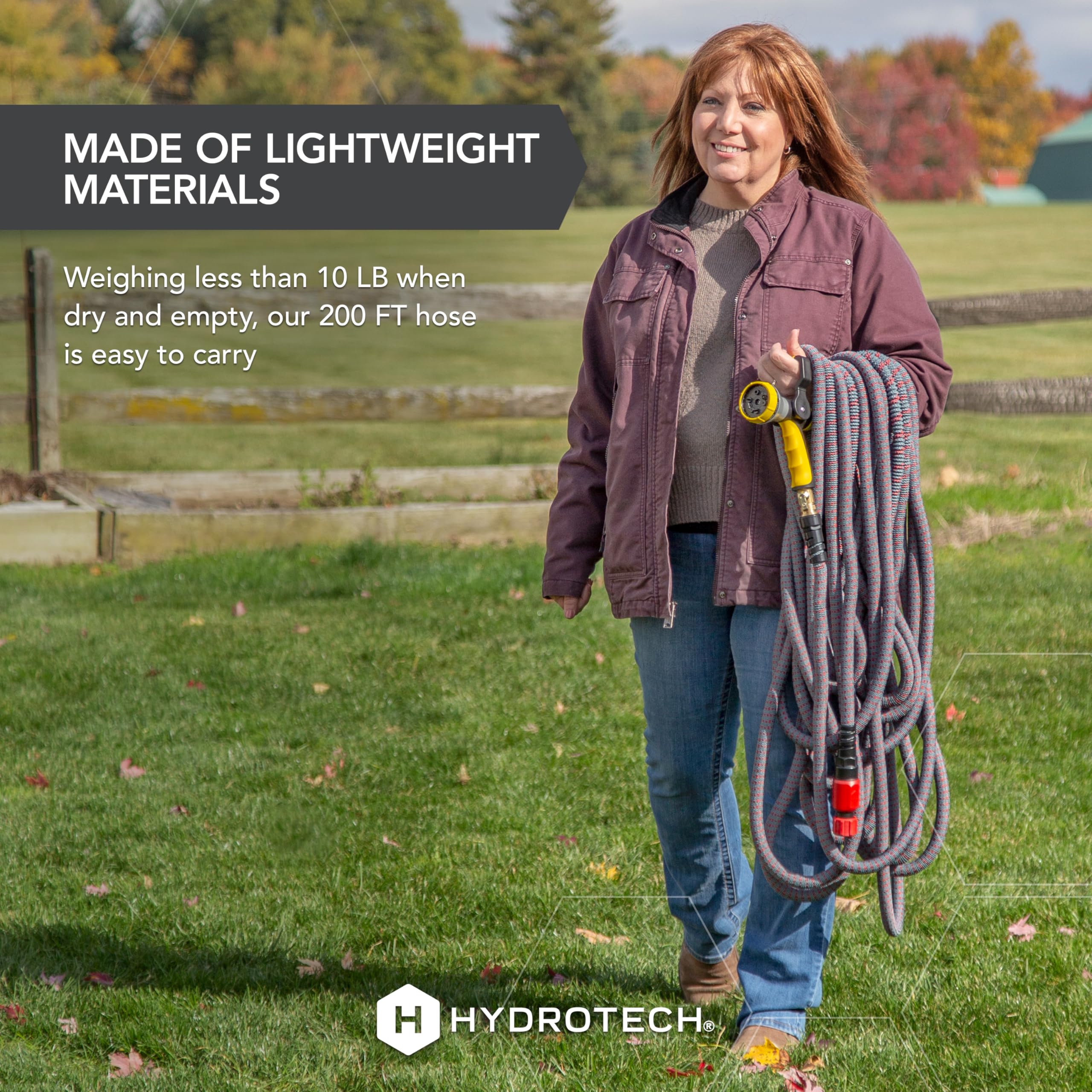 HydroTech hose in use for garden watering and lawn care.