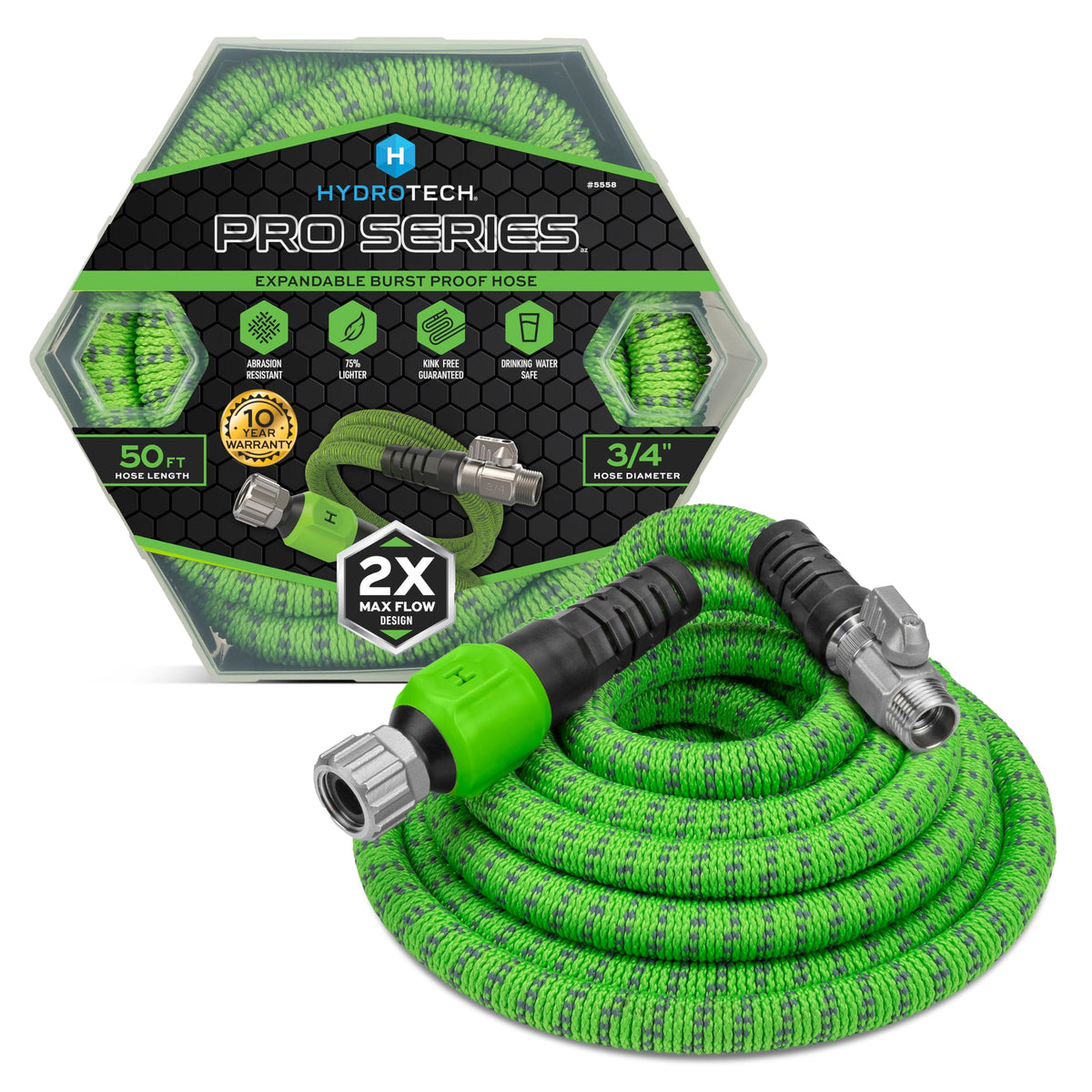 HydroTech Pro Series 50ft hose coiled for compact storage and portability