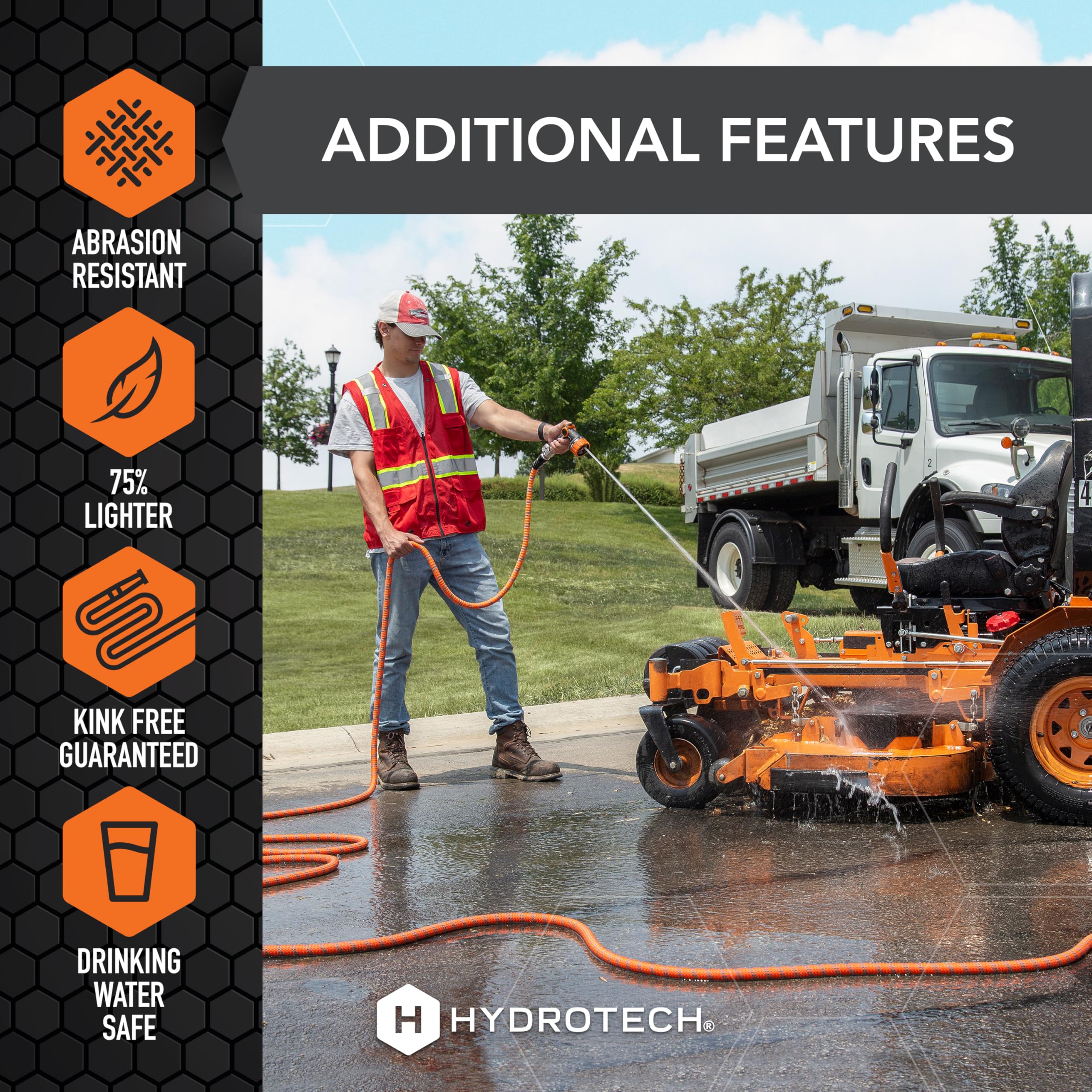 HydroTech Pro Series 75 ft watering in a lush garden setting