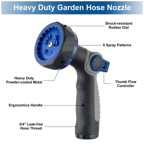 HYDROWE Hydrowe garden hose nozzle shows 9-pattern dial for versatile watering