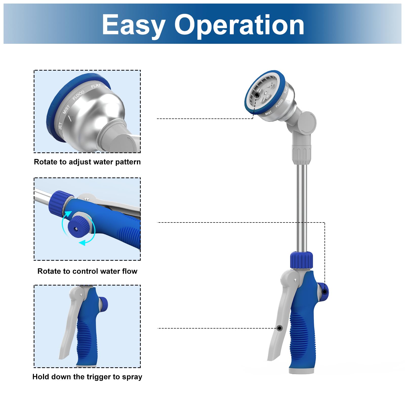 Hydrowe watering wand shows 9 spray patterns for versatile tasks.