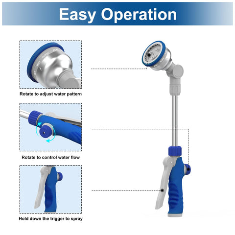 Hydrowe watering wand shows 9 spray patterns for versatile tasks.