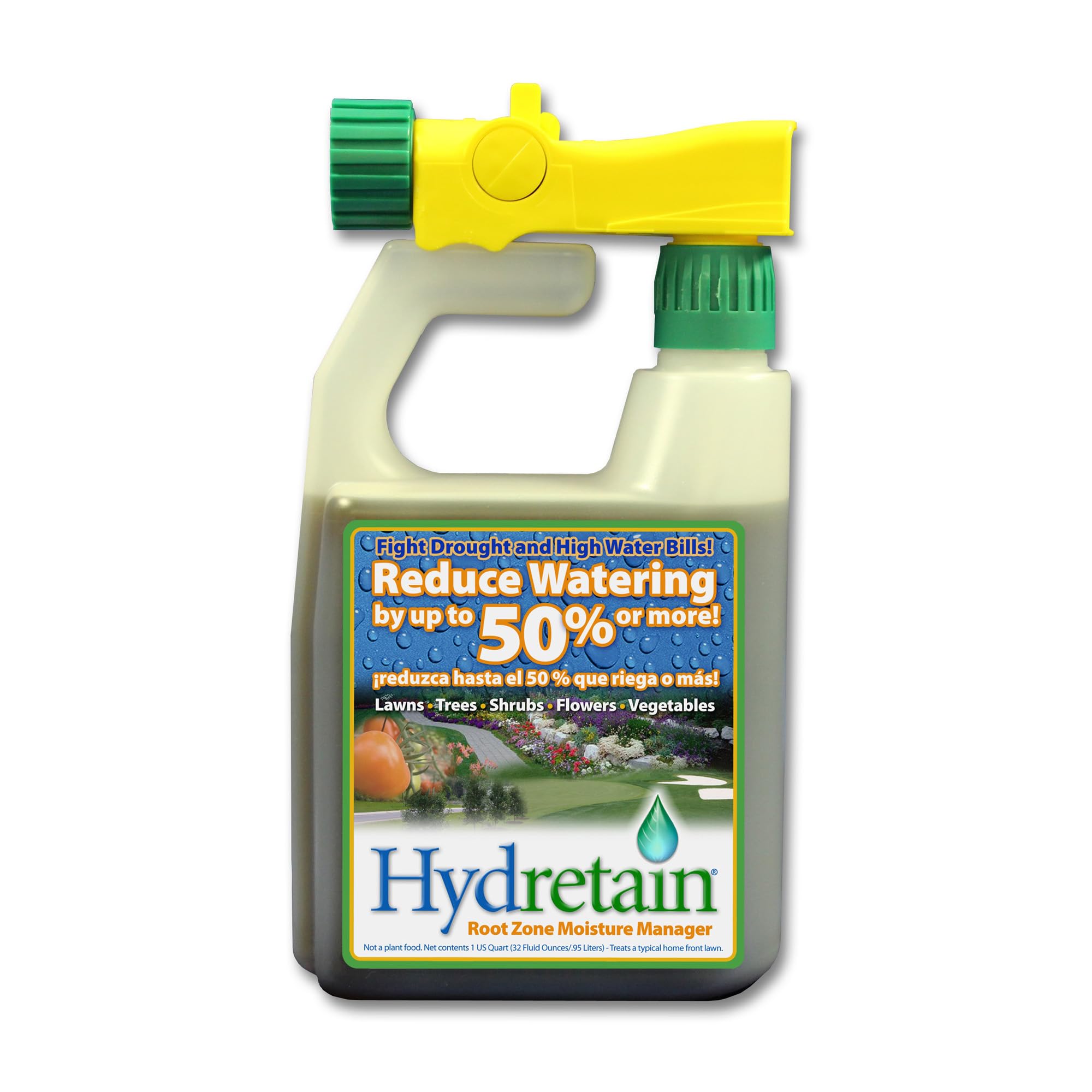Hydretain bottle pour demonstrates easy spray for moisture retention.