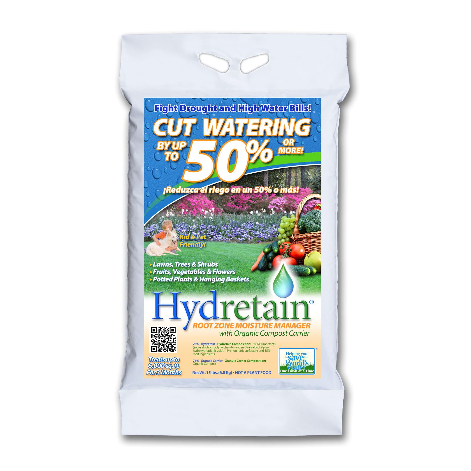Hydretain root zone moisture manager applied to a lawn, showing reduced watering needs.