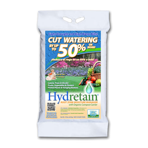 Hydretain root zone moisture manager applied to a lawn, showing reduced watering needs.