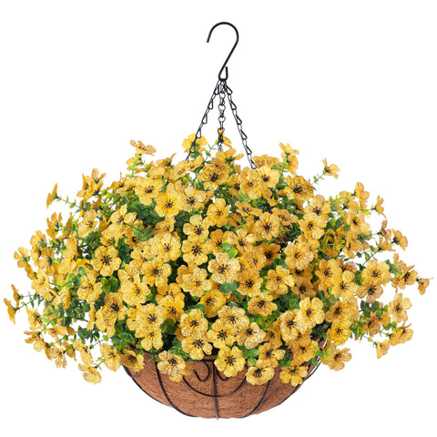 HyeFlora fall hanging mums basket with yellow daisies adds year-round color to outdoor porches.