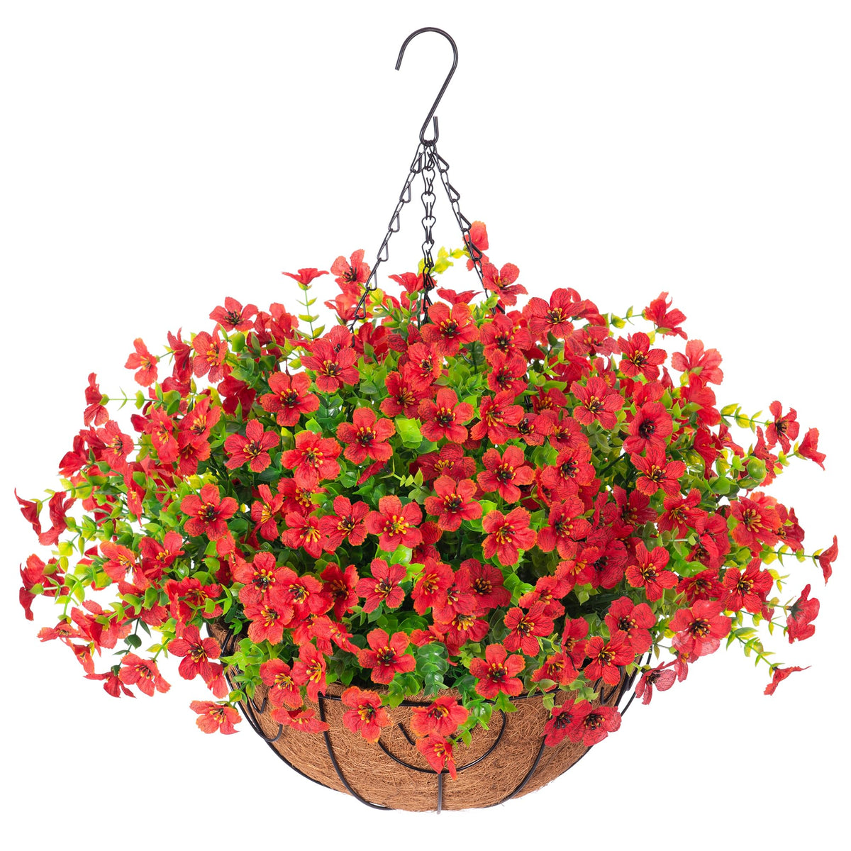 HyeFlora hanging red bougainvillea-daisy basket adds vibrant outdoor color.