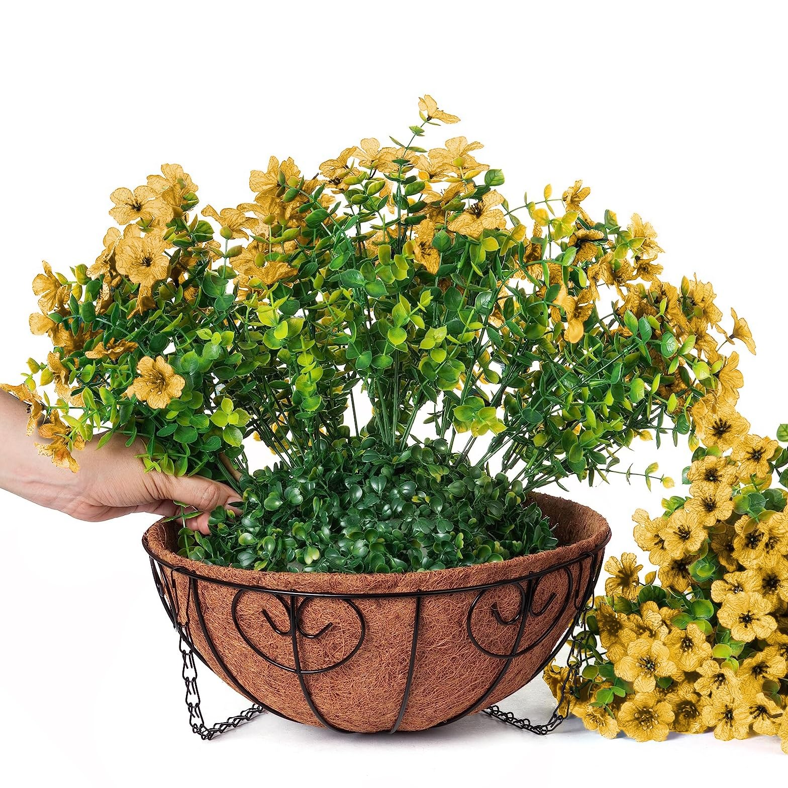 HyeFlora yellow daisy artificial flowers in a decorative basket for patio ambiance.