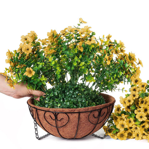 HyeFlora yellow daisy artificial flowers in a decorative basket for patio ambiance.
