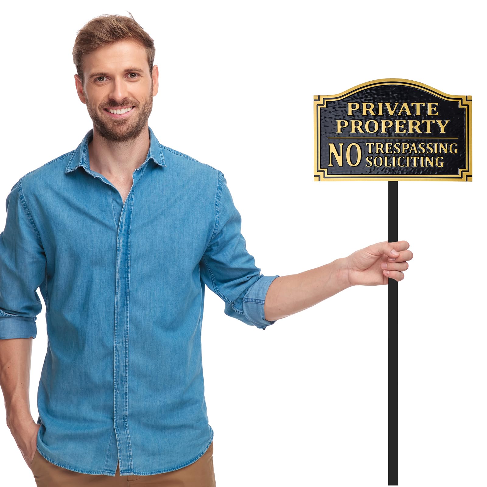 HYF DESIGN close-up of raised 3D lettering on No Trespassing Sign for high visibility.
