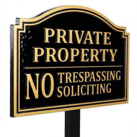 HYF DESIGN No Trespassing Sign with 3D gold lettering boosts daytime visibility.