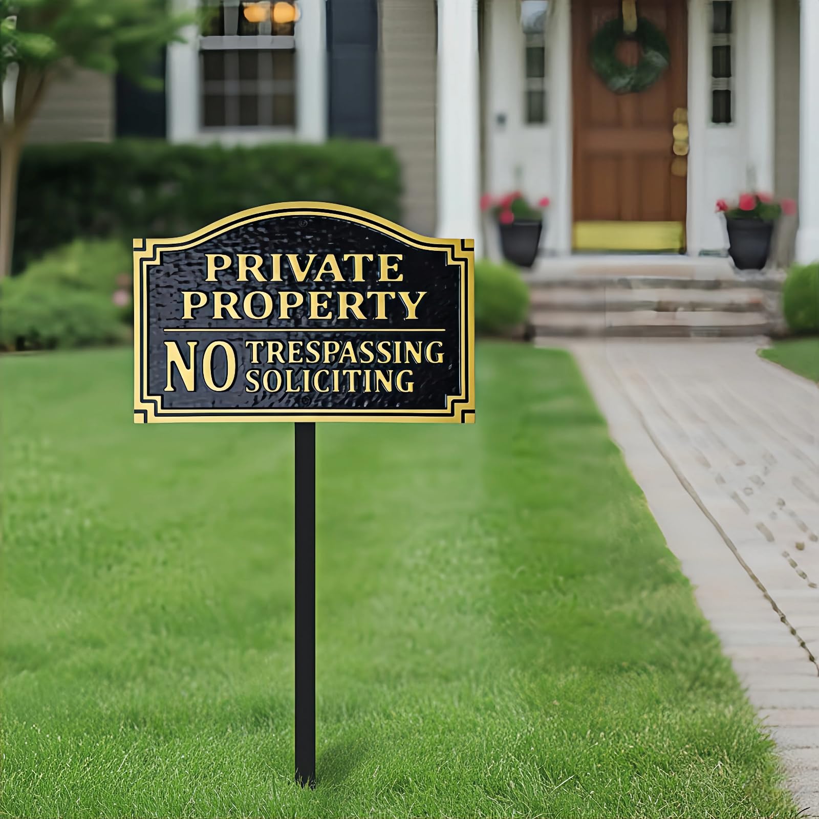 HYF DESIGN No Trespassing Sign displayed in a yard setting for clear perimeter signaling.