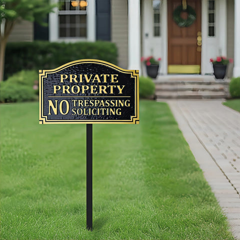 HYF DESIGN No Trespassing Sign displayed in a yard setting for clear perimeter signaling.