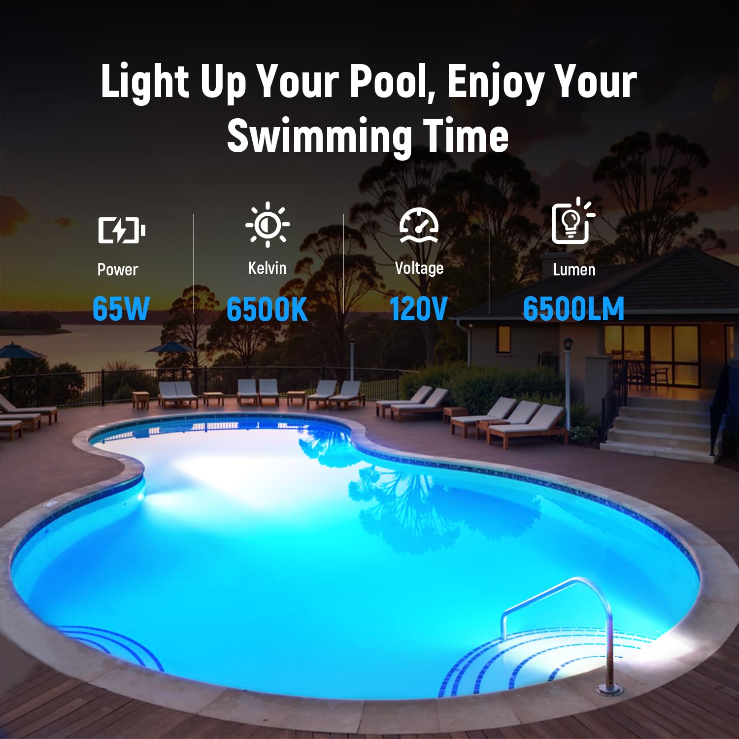 HYMIOR LED pool light 6500K white light for vibrant nighttime illumination.