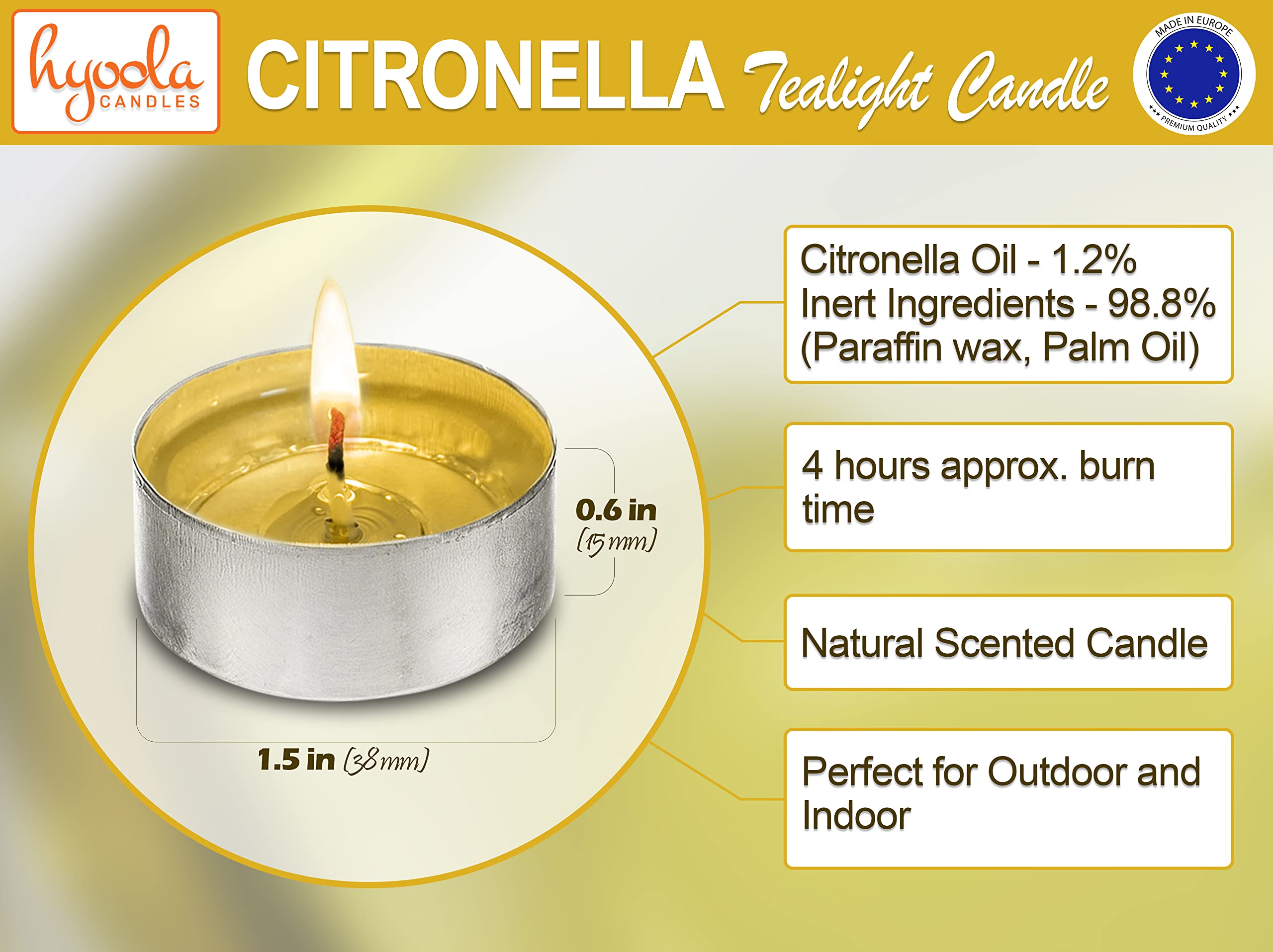 Hyoola natural citronella tealight with 4-hour burn for patio gatherings.