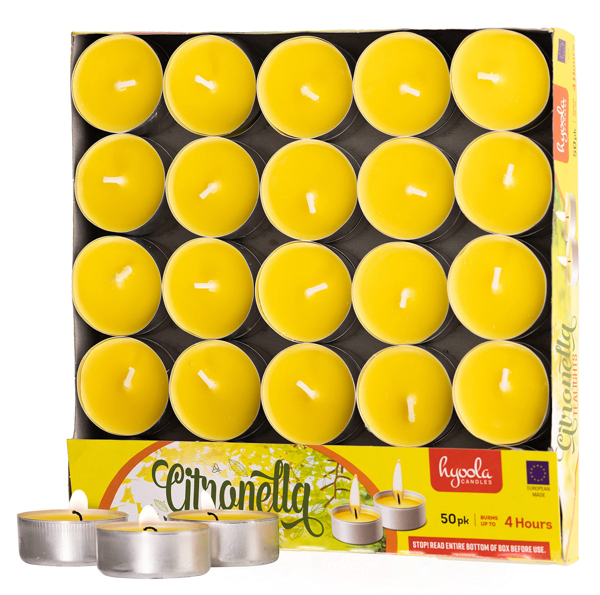 Hyoola citronella tealight candle on outdoor table for mosquito deterrence.