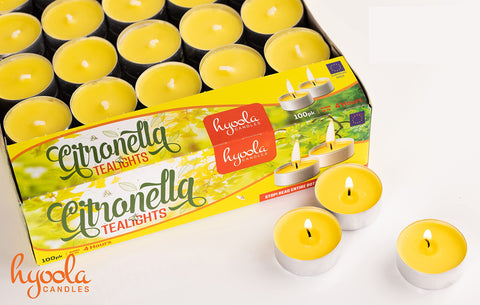 Hyoola citronella tealight candles DEET-free, plant-based option for outdoor comfort.