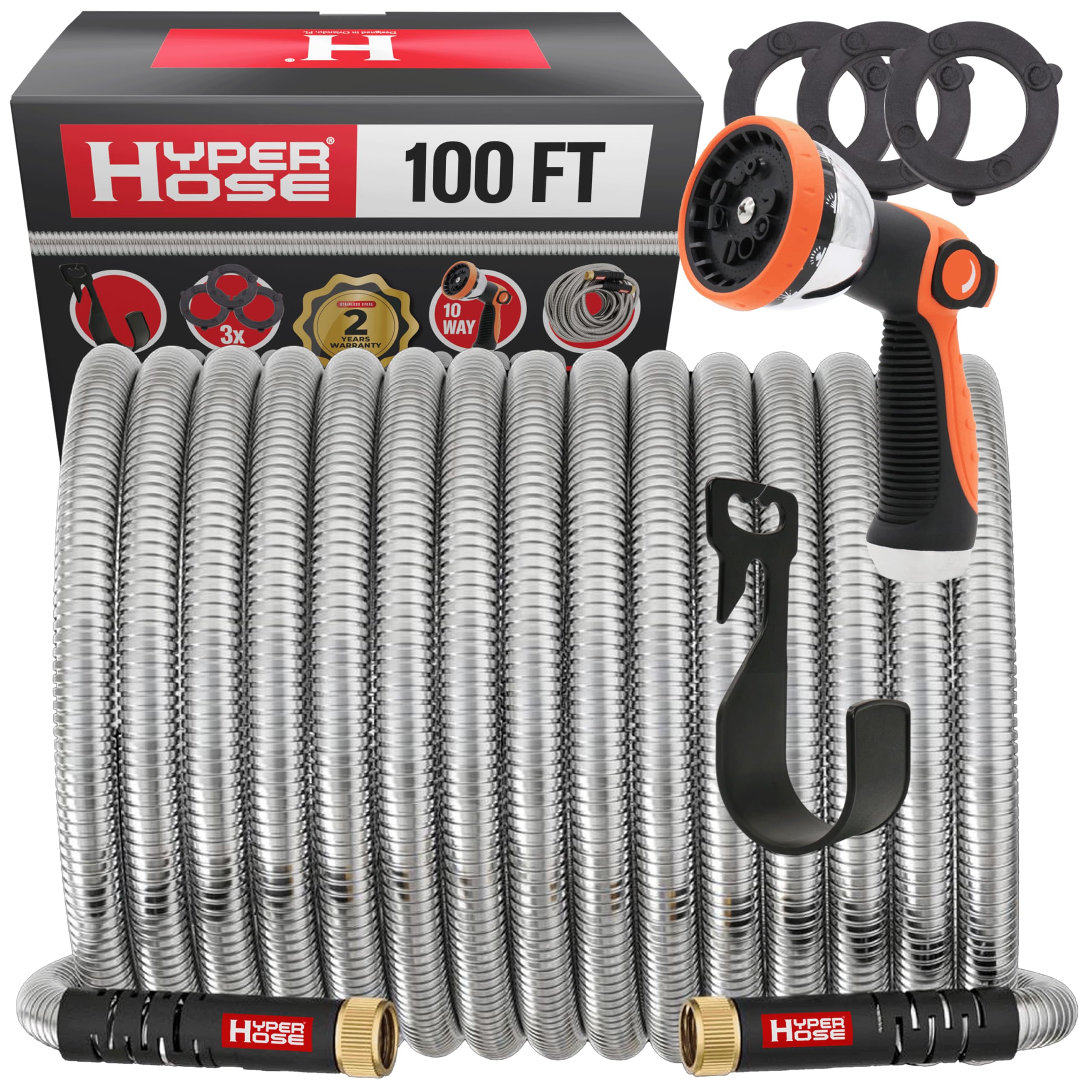 Hyper Hose 100ft metal garden hose set with durable construction for long-lasting yard watering