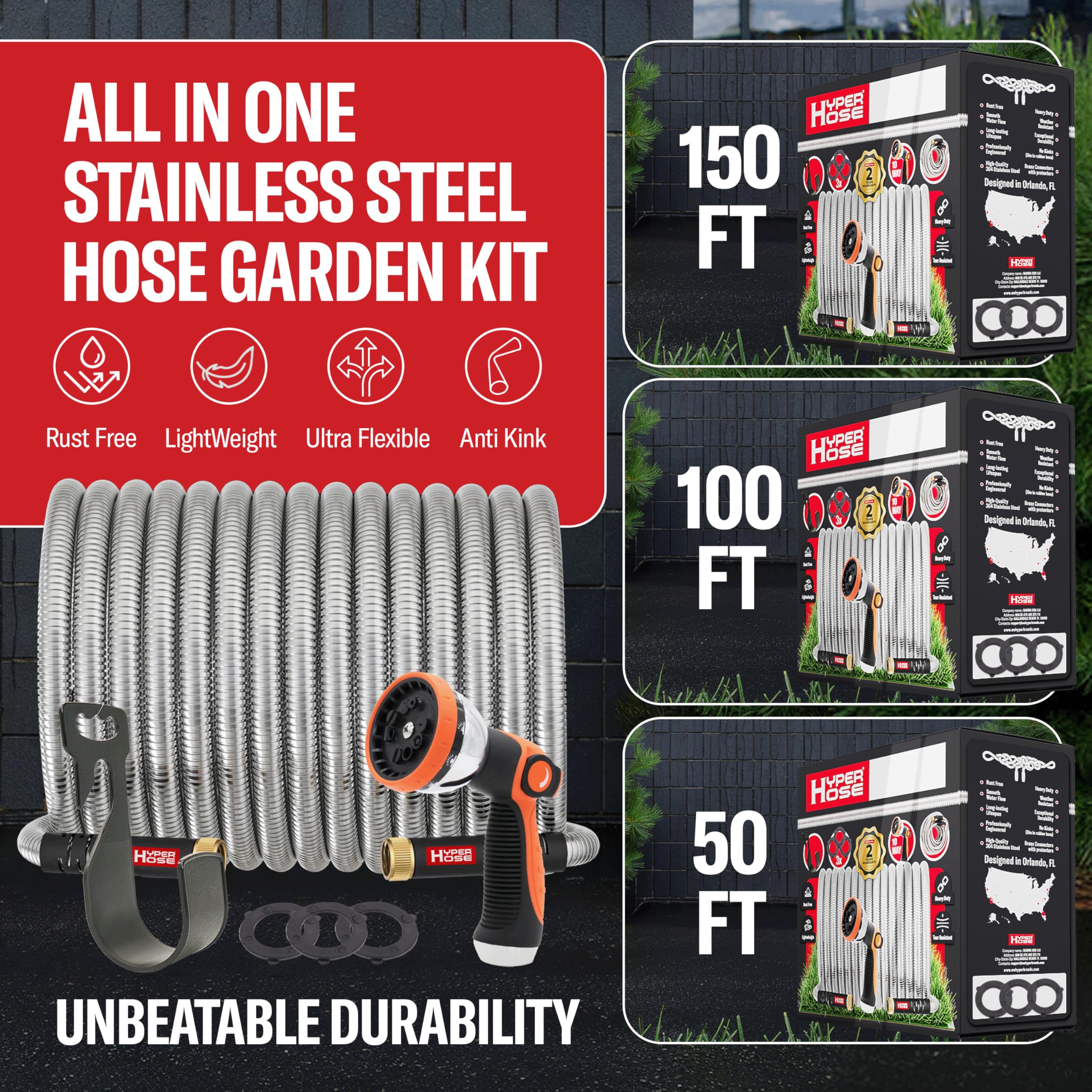 Hyper Hose no-kink metal hose design reduces tangling during garden tasks