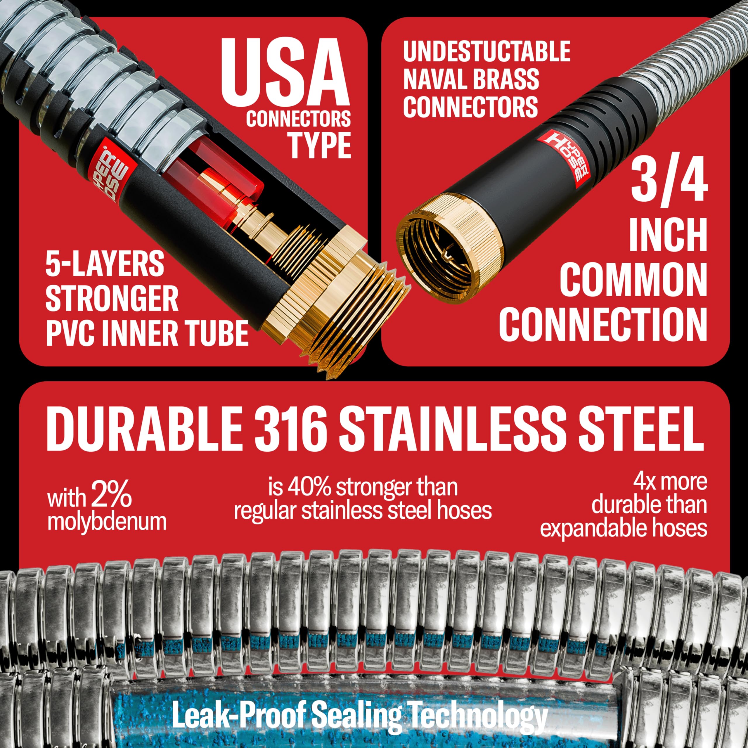 Hyper Hose 316 stainless steel core withstands rugged use and weather