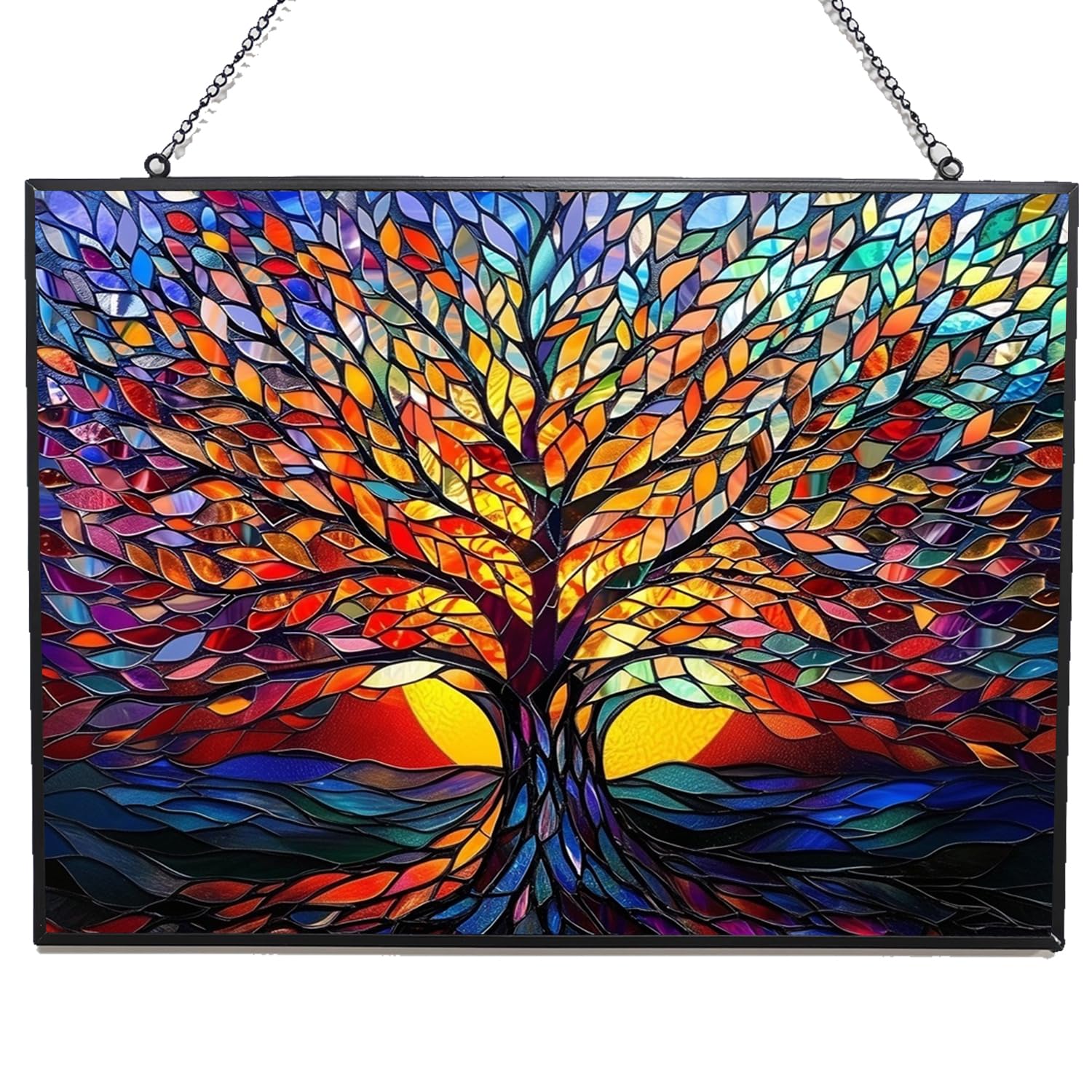 HYPESTYLE Rectangle Tree of Life stained glass window hanging catching sunlight to illuminate colors.