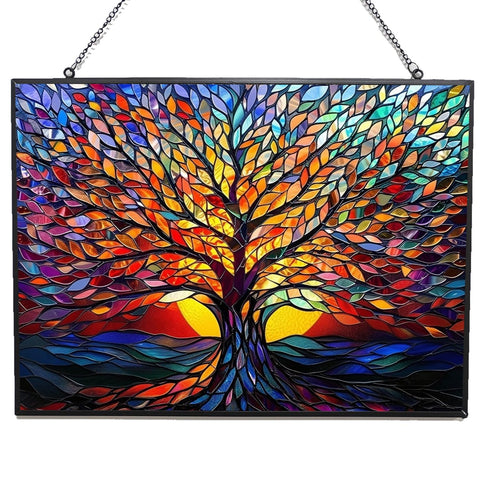 HYPESTYLE Rectangle Tree of Life stained glass window hanging catching sunlight to illuminate colors.