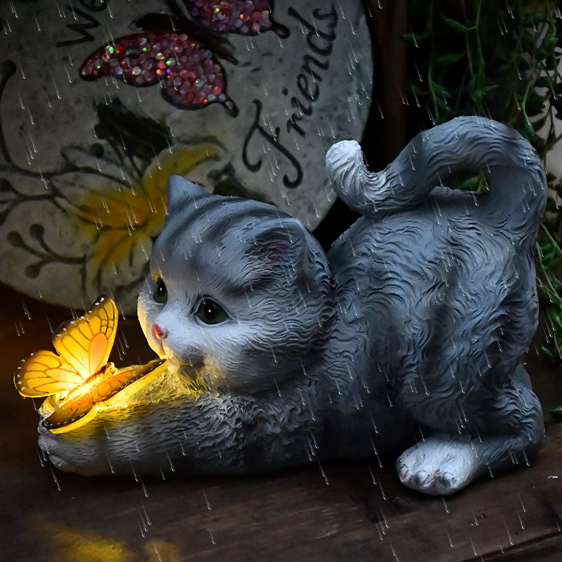 hYwecy cat figurine on doorstep brightens entrances with solar illumination