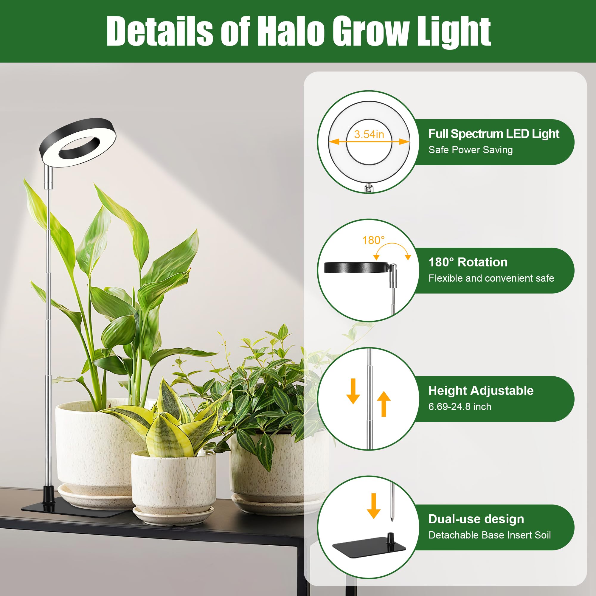 Hywyimlait Small Halo Grow Light with telescopic pole adjusts height for diverse plants.