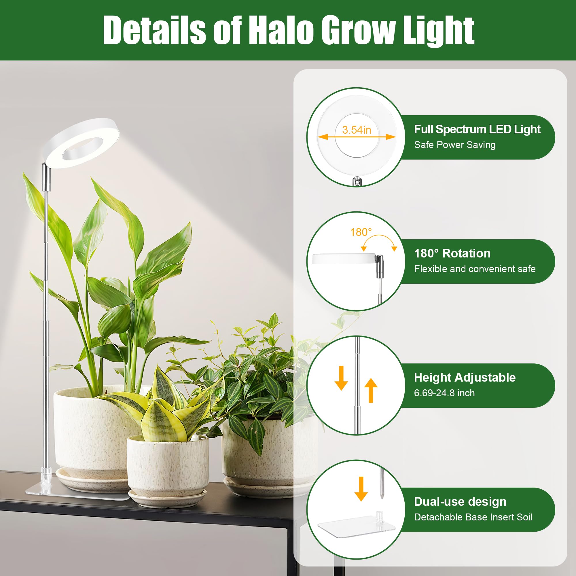 Hywyimlait White Grow Light telescopic pole adjusts height for various pots.