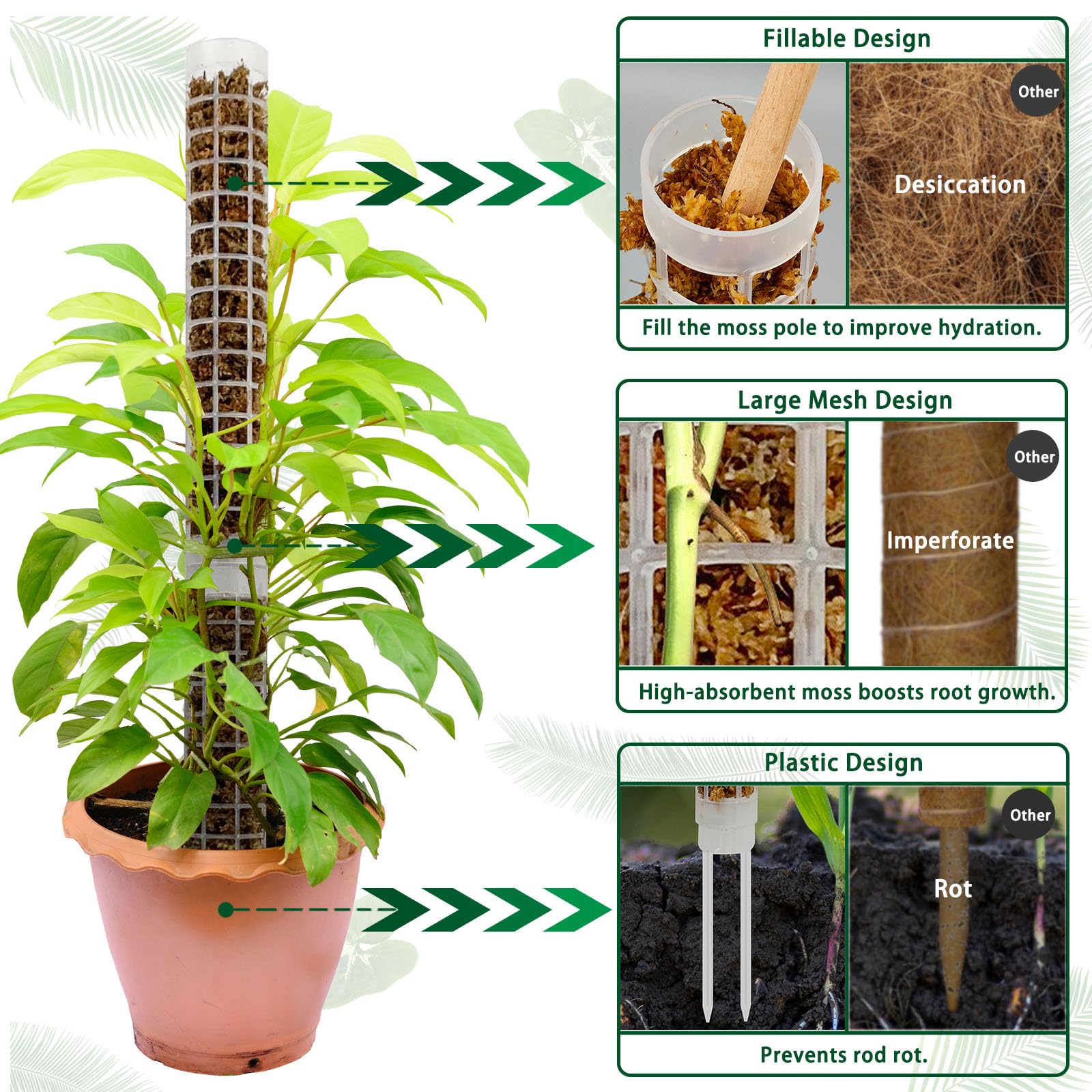 HYYZ plastic moss pole shows large mesh design for root attachment.