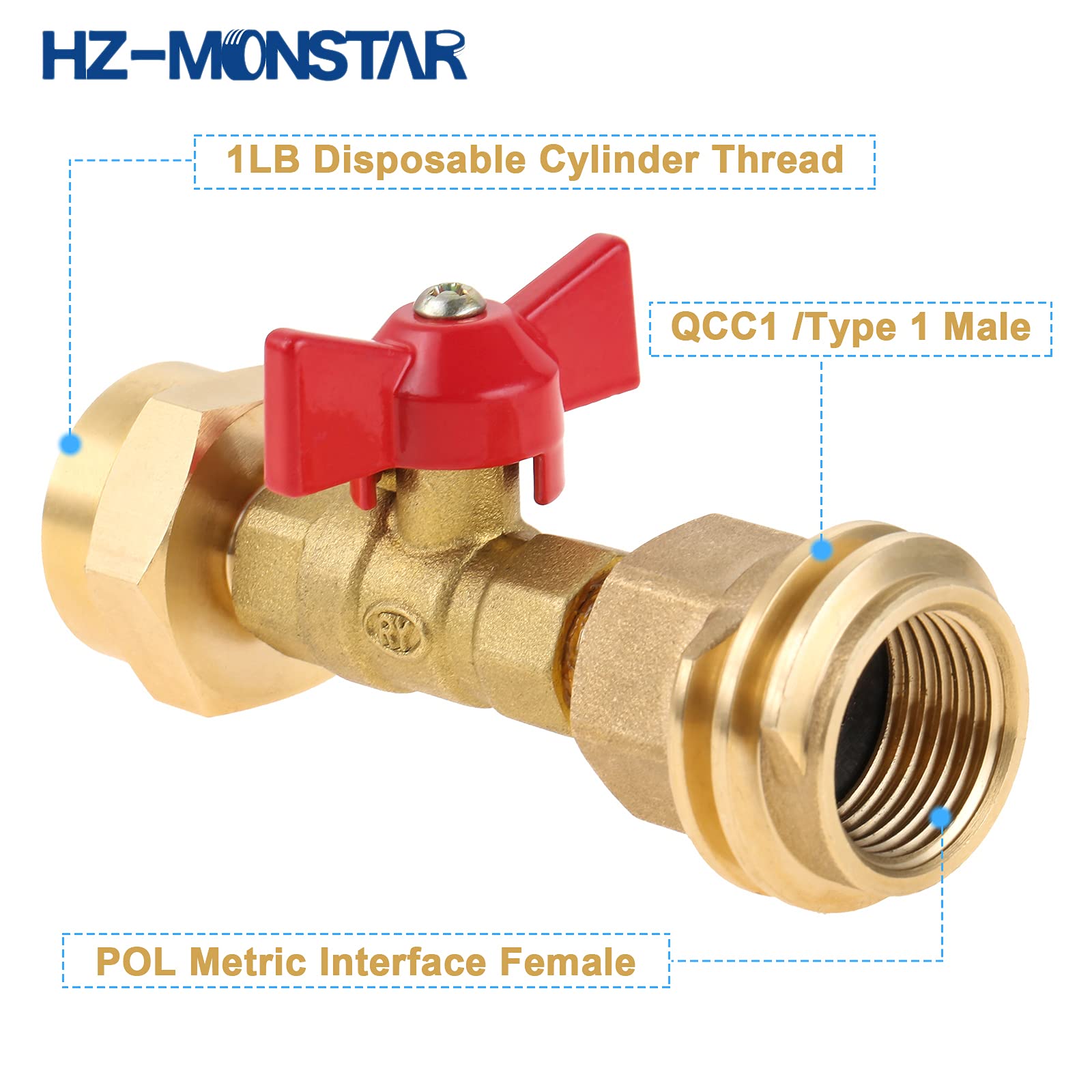HZ-MONSTAR brass adapter shown with valve for safe operation outdoors.