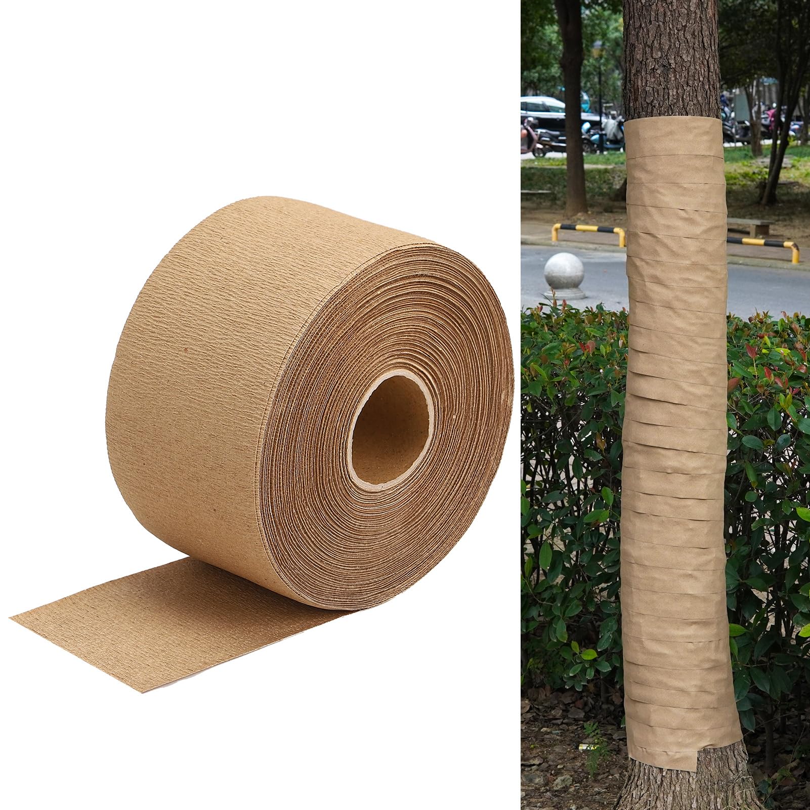 HZCGJMY tree protector paper wrap 164ft roll wrapped around a trunk for winter protection.
