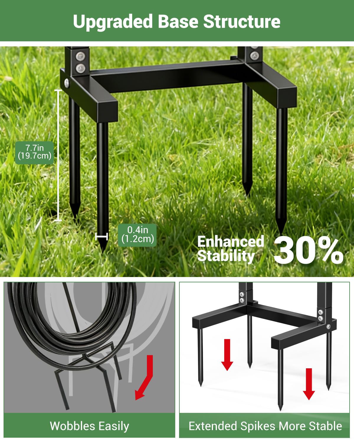 HZE garden hose holder features a stable base with ground spikes