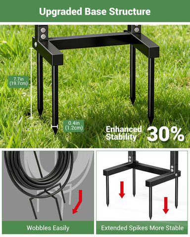 HZE garden hose holder features a stable base with ground spikes