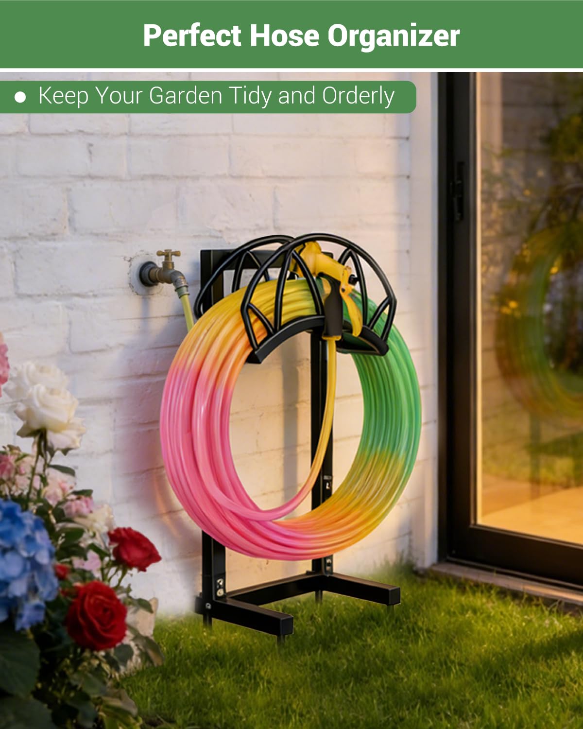 HZE hose organizer keeps garden tidy and space-efficient