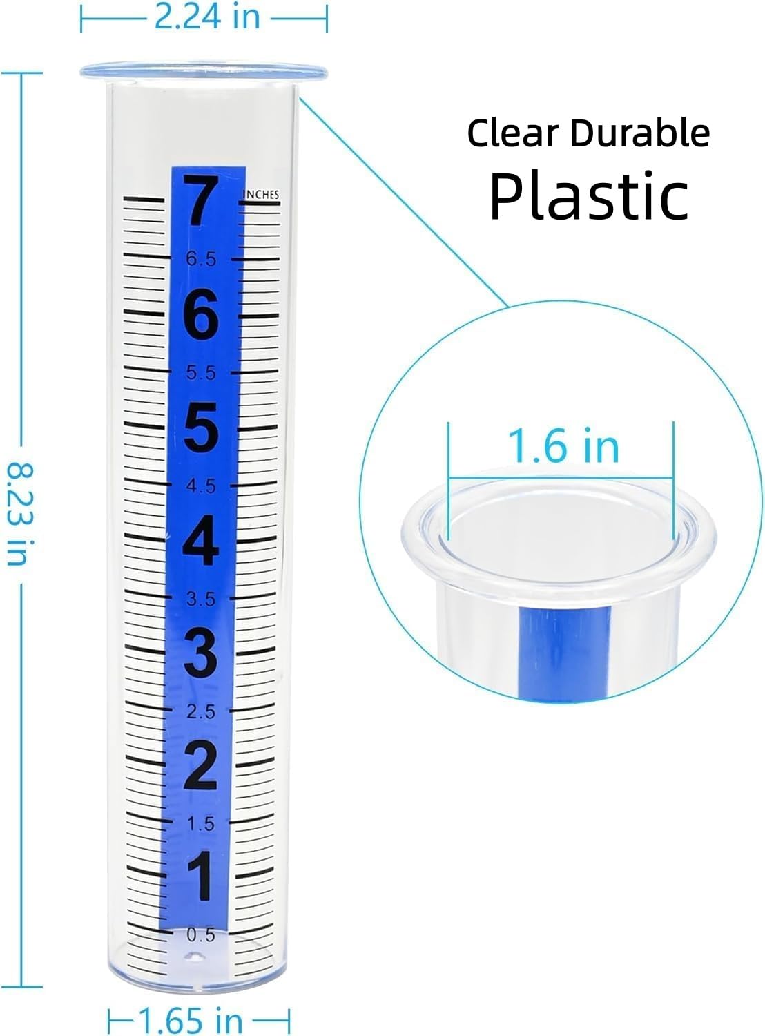 HZENGART rain gauge tube clear front view with blue back strip for visibility