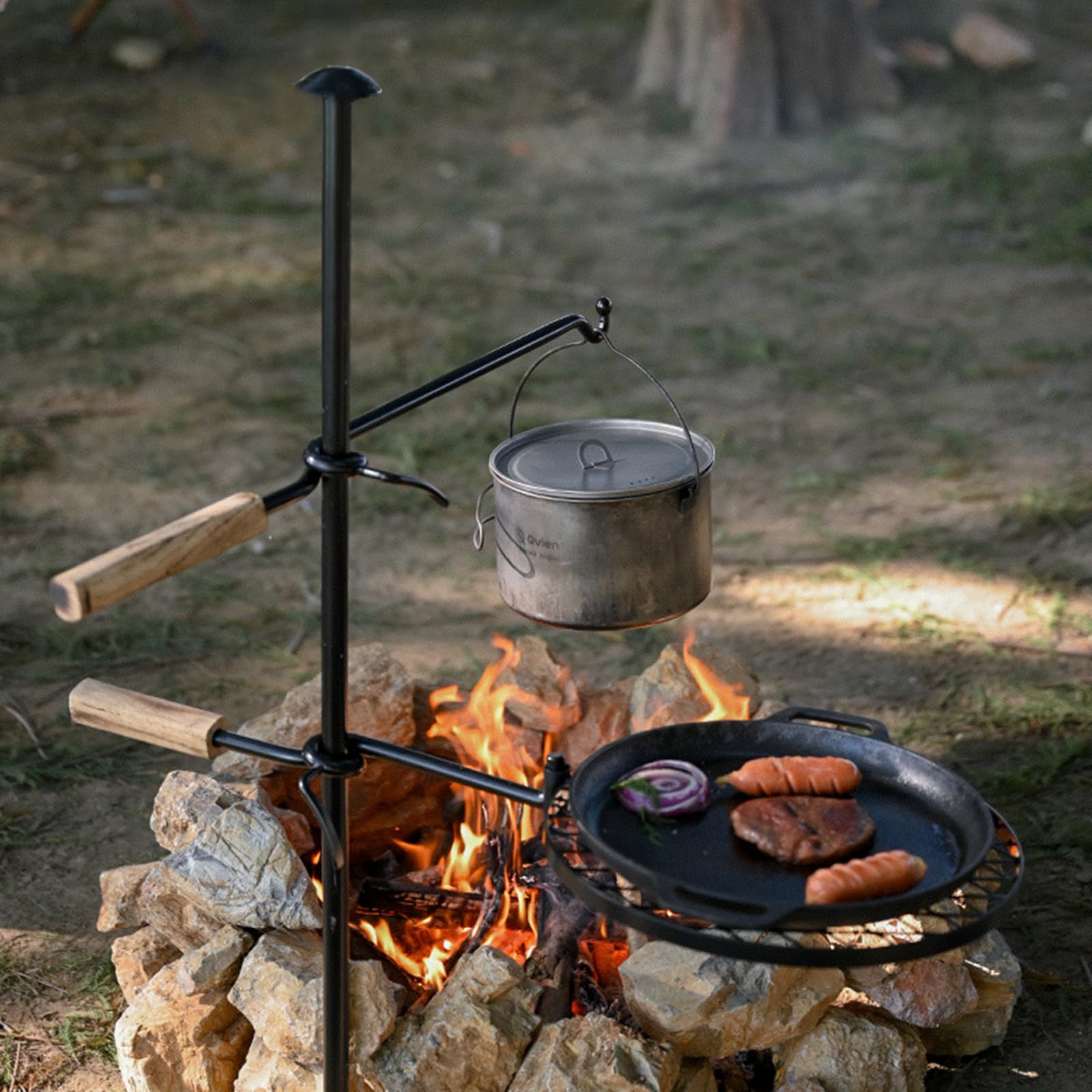 HZGAMER Fire Pit Slot Grill assembly shows quick setup for campfire cooking