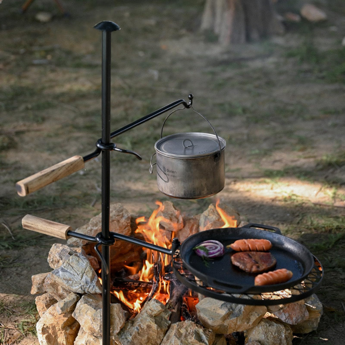 HZGAMER Fire Pit Slot Grill assembly shows quick setup for campfire cooking