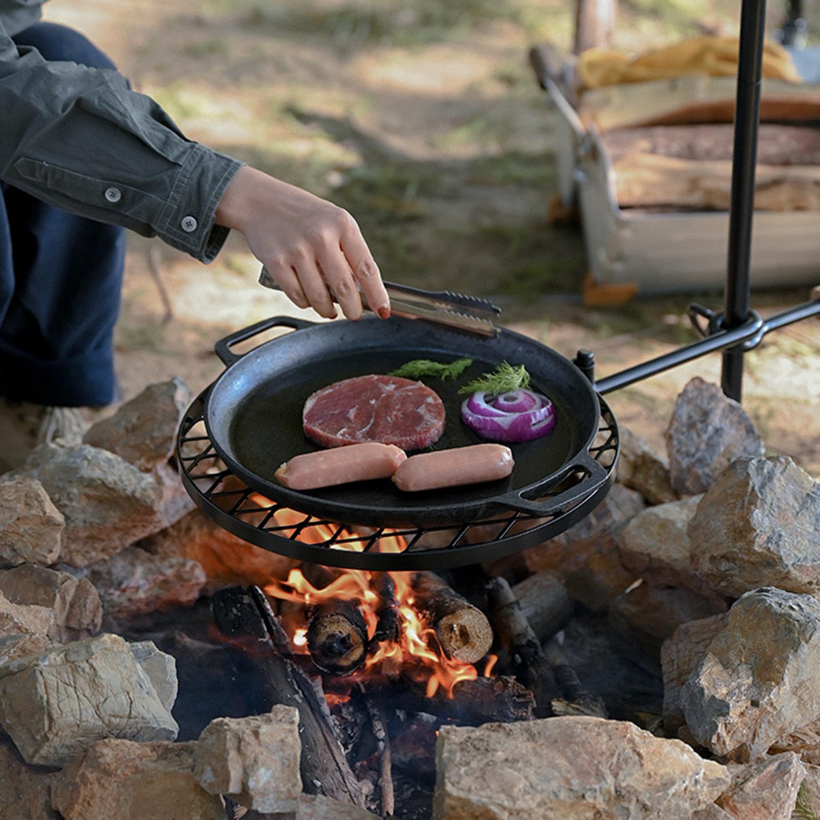 HZGAMER U-bracket kettle hanger showcases versatile boiling over campfire