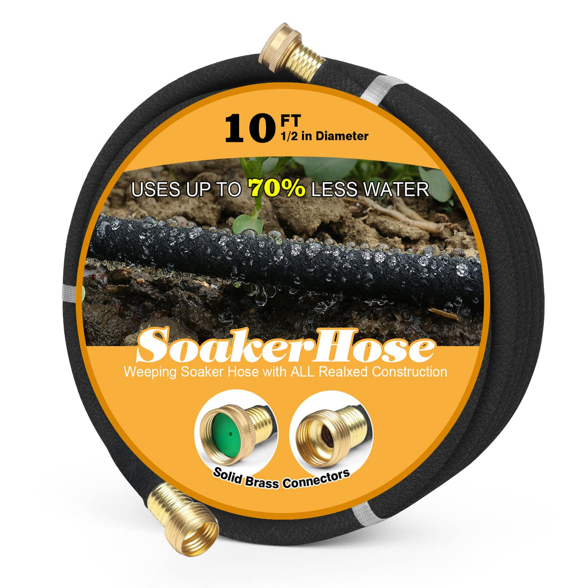 HZGREEN soaker hose with brass connector provides steady moisture to plant roots.