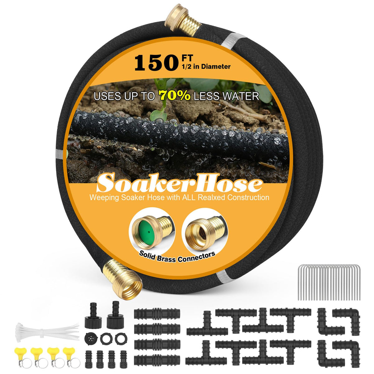 HZGREEN Soaker Hose 150ft with brass connector for steady root watering.