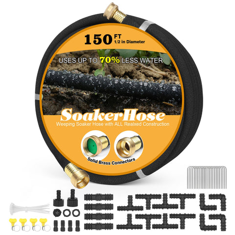 HZGREEN Soaker Hose 150ft with brass connector for steady root watering.