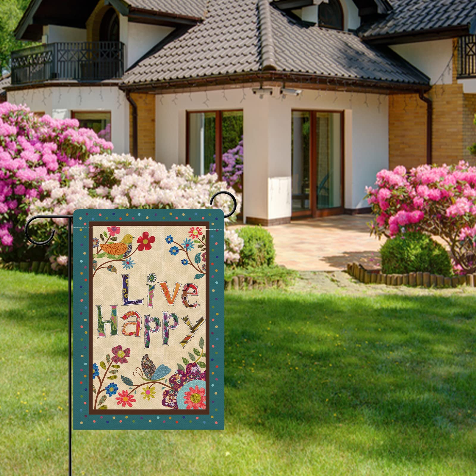 Hzppyz Live Happy flag measures 12x18 inches for versatile outdoor spaces.