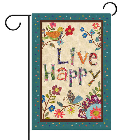 Hzppyz Live Happy flag front view with bright floral print adds garden charm.